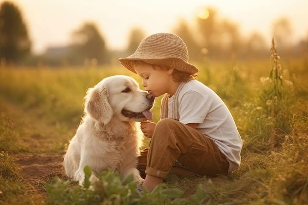 Kleiner Junge und Hund sitzen im Feld.