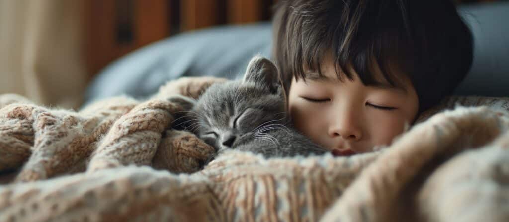 Kleiner Junge und Katze schlafen kuschelnd