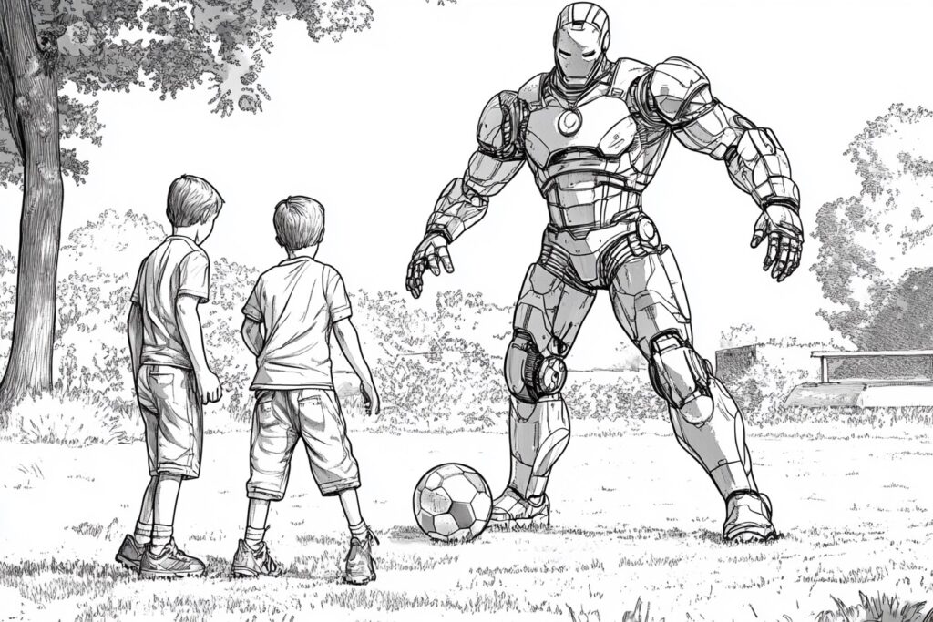 Iron Man spielt Fußball mit Kindern Ausmalbild