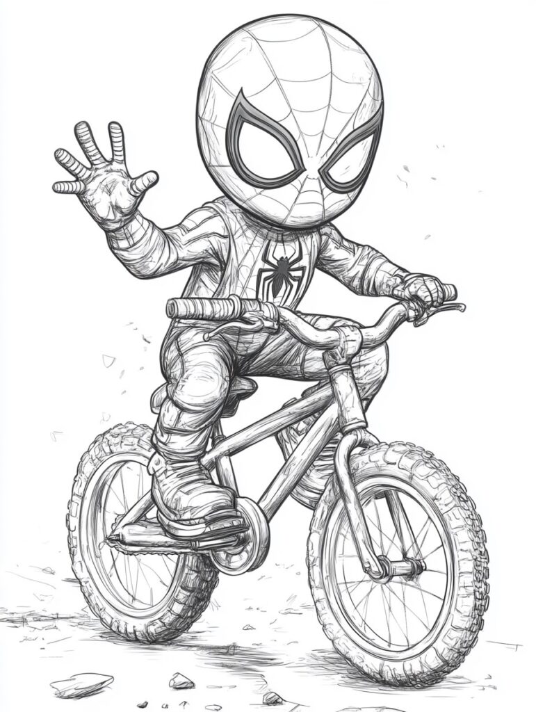 Spiderman Kid auf dem Fahrrad Ausmalbild