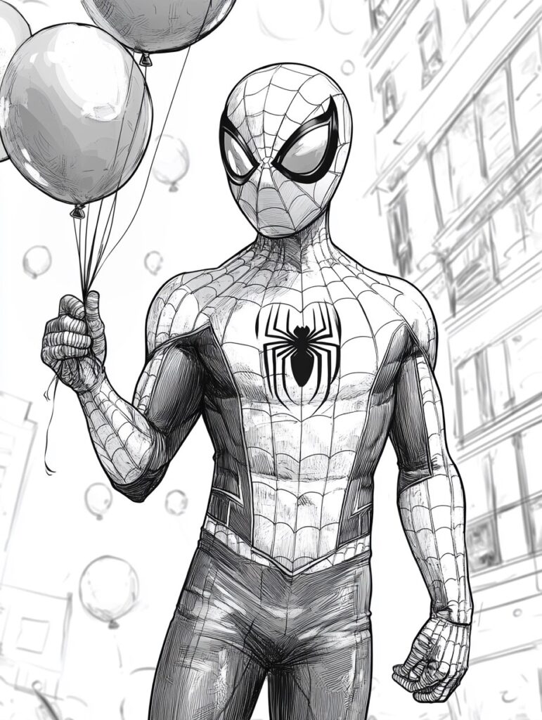 Spiderman mit Geburtstags-Luftballons in der Hand - Ausmalbild